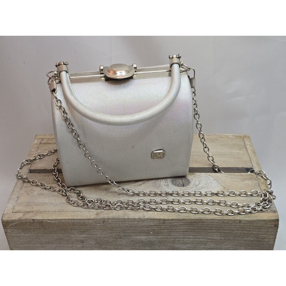 Vintage Tokyo Silver Satin Evening Bag Top Handle Purse Chain Strap Clutch